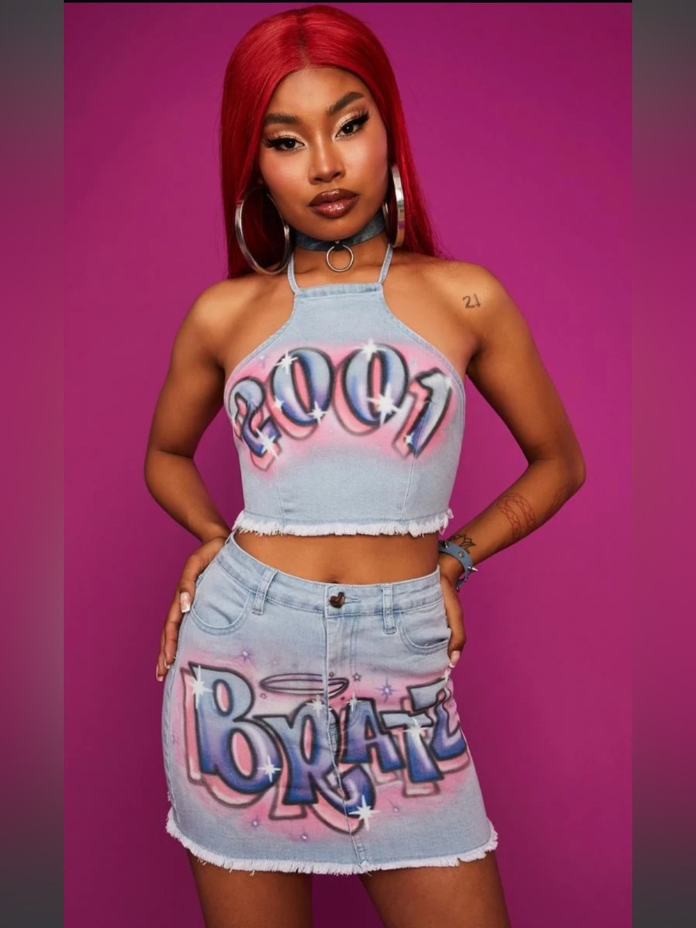 Dolls Kill x Bratz Denim Graffiti Halter Crop Top & Mini Skirt Set Size Large